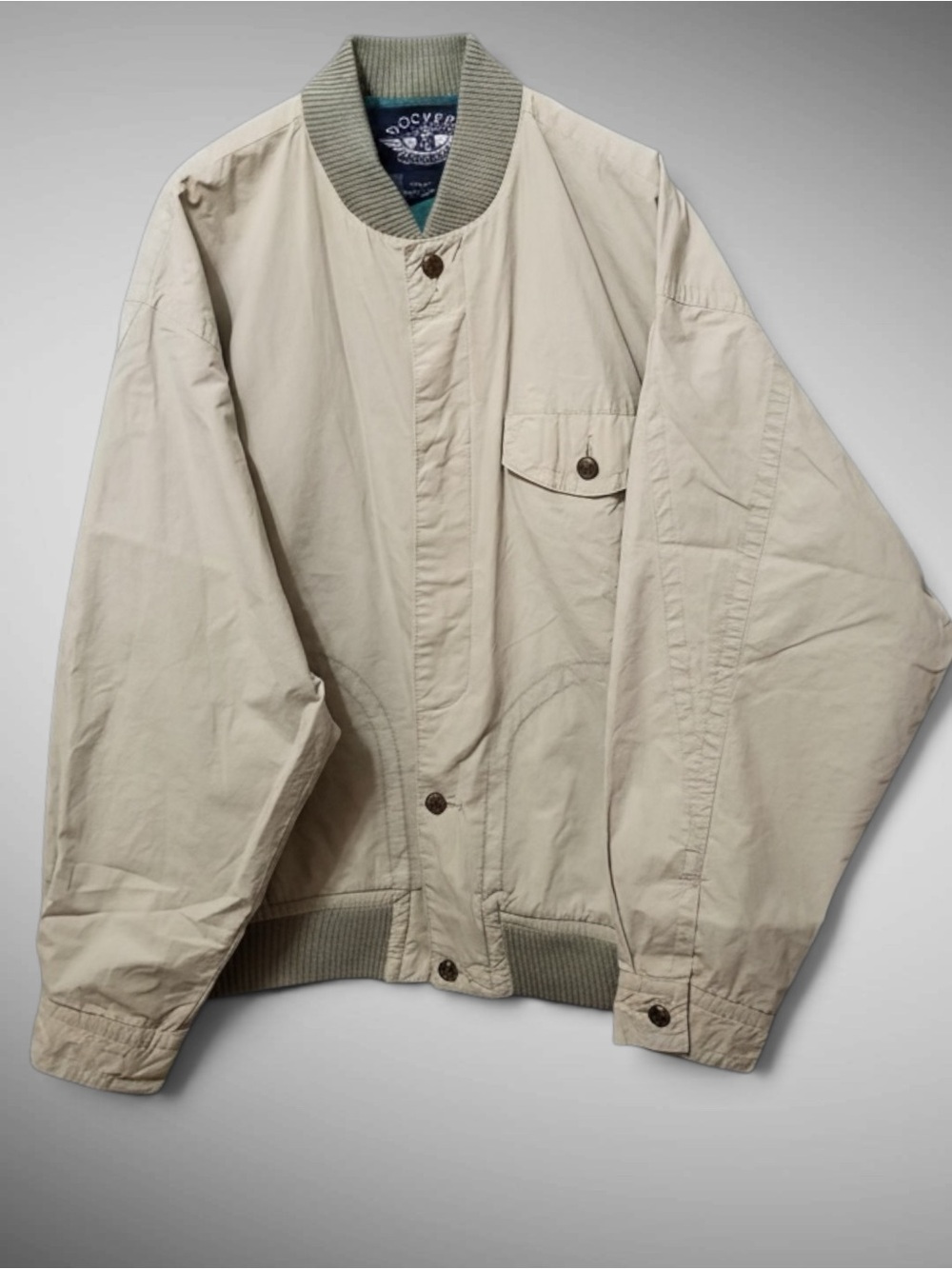 Vintage 90s Dockers Men’s XL Cotton Bomber Jacket Beige Lined Full Zip USA Style